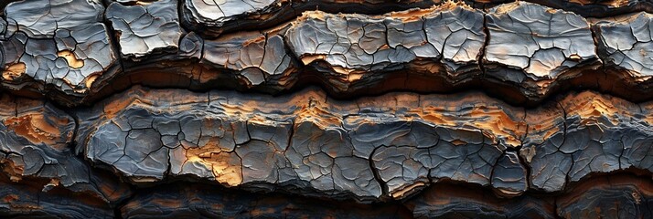 Wall Mural - Closeup of rough tree bark with intricate textures and deep shadows ideal for background use