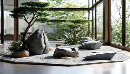 Wall Mural - Tranquil Zen Rock Garden in Open Office Space Enhancing Employee Wellbeing and Productivity Through Relaxation and Mindfulness