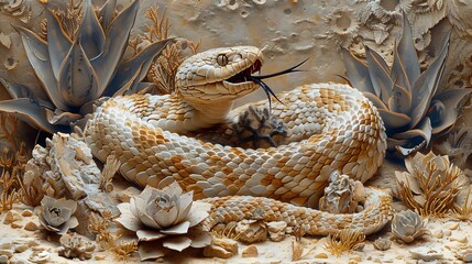 Wall Mural - Coiled snake drawing with intricate scale details its head raised tongue flickering surrounded by desert plants and rocks