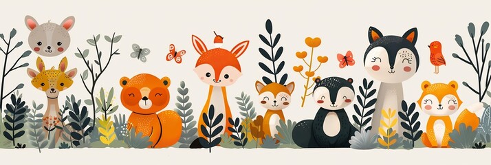 Wall Mural - Collection of cute illustrated animals in a circle with space for text in the center perfect for childrens designs