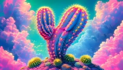 Wall Mural - Neon Desert Dreams: A Vibrant Cactus Against a Swirling Cloudscape