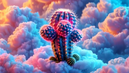 Neon Desert Dreams: A Vibrant Cactus Against a Swirling Cloudscape