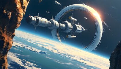 Wall Mural - Enigmatic Space Station in Orbit Surrounded by Celestial Rings in a Futuristic Sci-Fi Landscape