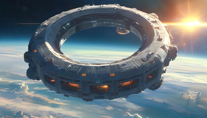 Wall Mural - Enigmatic Space Station in Orbit Surrounded by Celestial Rings in a Futuristic Sci-Fi Landscape