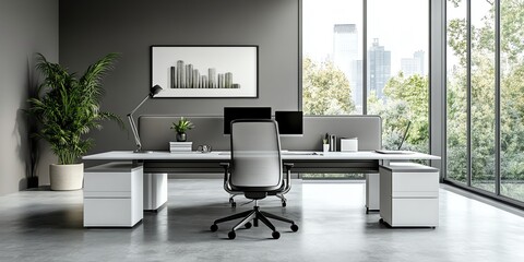 Aufkleber - Modern office with large windows and a city view, a white desk with a grey chair, a potted plant, and a framed black and white picture on the wall.