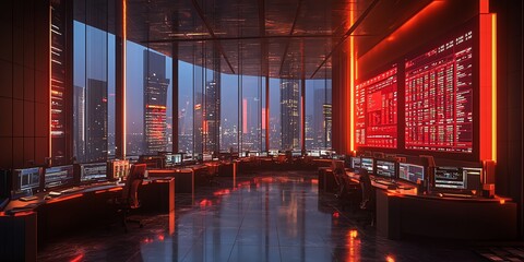 Poster - Modern office with red lighting overlooking cityscape.