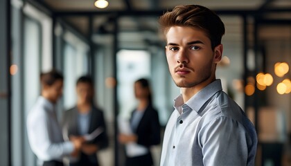 Wall Mural - focused young businessman at corporate training event, serious demeanor while engaging with team and camera in modern office setting