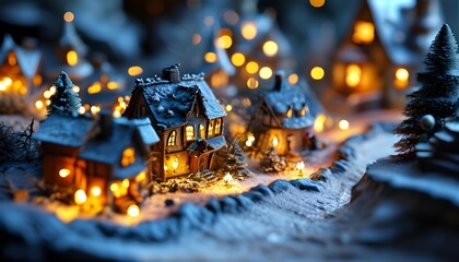 Wall Mural - Enchanting miniature Christmas village aglow with soft, cozy lights, shimmering in a fairy tale fantasy under dynamic lighting