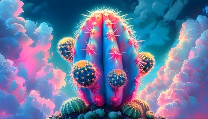 Wall Mural - Neon Desert Dreams: A Vibrant Cactus Against a Swirling Cloudscape