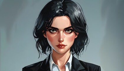 Wall Mural - stoic female detective with cold gaze in black suit, animated character concept art for games and movies