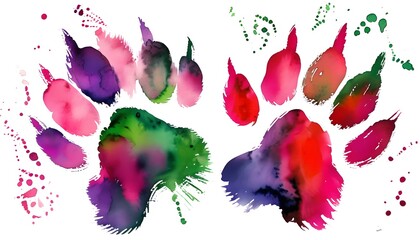 Wall Mural - Colorful watercolor paw print in bright pink, purple, green, and red hues