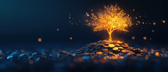 Wall Mural - Create a glowing tree icon emerging from a pile of golden coins, set against a dark blue gradient, symbolizing the steady growth of investments over time. 