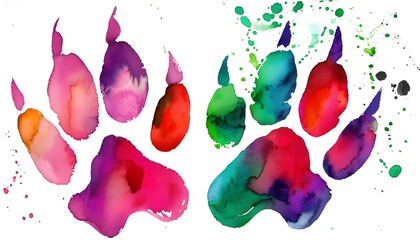 Wall Mural - Colorful watercolor paw print in bright pink, purple, green, and red hues