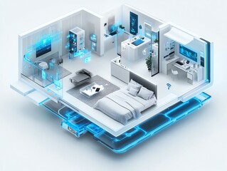 Aufkleber - Smart home concept with a 3D isometric view of a connected living space, showcasing appliances and devices linked by a futuristic interface.