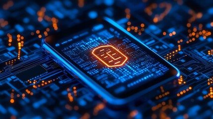 Fototapete - Smartphone on a Circuit Board with a Bright Orange Icon.