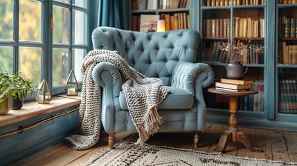 Cozy reading nook with a plush chair a blanket draped over the side and a stack of books on a side table bathed in warm natural light