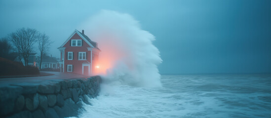 sudden storm surge hits coastal town, with rising waters crashing against house, minimal photography