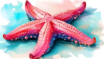 Wall Mural - Vibrant pink starfish with watercolor texture ideal for ocean-inspired artwork