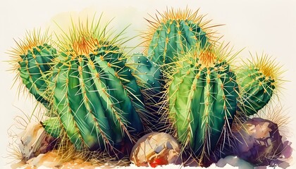 Wall Mural - Lush watercolor portrayal of a prickly pear cactus showcasing vivid green pads and intricate textures in a realistic artistic style