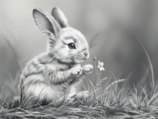 Wall Mural - Cute bunny drawing sitting in a patch of grass holding a small flower with soft fur and long ears detailed in the sketch