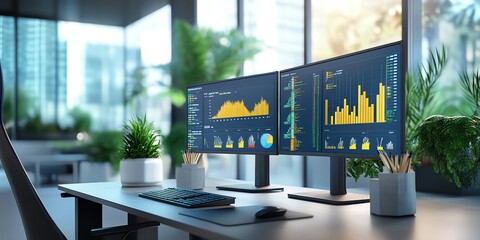 Aufkleber - Two computer monitors displaying financial data and graphs on a desk with a keyboard and mouse in a modern office.