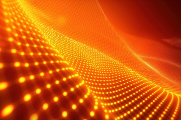 Orange abstract digital background design with illuminated dots. Futuristic tech wallpaper texture features intricate pattern of glowing dots. Decorative design concept for virtual network,