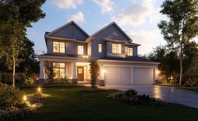 Wall Mural - Modern two-story house with a garage and a well-lit front yard in the evening.