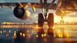 © busro - Glide to Safety: Cinematic Shot of Airplane Landing Gear Touching Down on Smooth Runway in Soft Bright Light