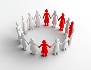 A group of white figures stand in a circle, with two red figures in the center, symbolizing leadership or inclusion.