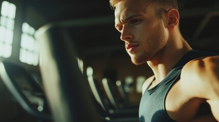 Athletic man training intensely on a treadmill, focused on improving endurance at the gym.