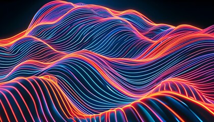 Wall Mural - Neon 3D Wave Animation of Grids and Holographic Geometry Flowing Above an Expanse of Nothingness