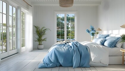 Wall Mural - Coastal-Inspired Bedroom with White Bed, Blue Bedding, and Bright Windows Featuring Light Wood Floors and Fresh Decor