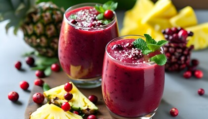 Poster - Refreshing cranberry and pineapple smoothie served with vibrant fruit garnishes