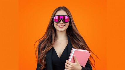 University student images, Trendy College Girl with Unique Sunglasses and Study Materials, a college girl holding a book in her hand