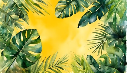 Wall Mural - Vibrant watercolor composition of lush green tropical leaves set against a cheerful yellow backdrop