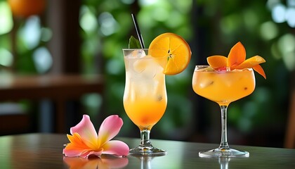 Wall Mural - Crisp cocktails with orange slice and flower garnish on a table amidst a soft green backdrop