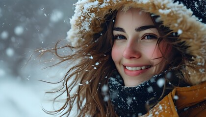 Wall Mural - radiant woman beaming amidst a swirling winter blizzard