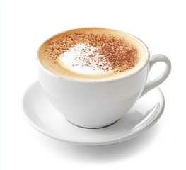 White cup of coffee with foam and cinnamon on top, on white saucer, isolated on white background.