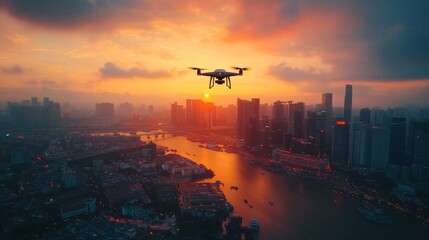 Canvas Print - Drone Sunset Cityscape.