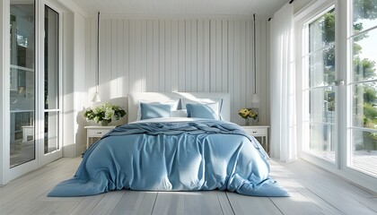 Wall Mural - Coastal-Inspired Bedroom with White Bed, Blue Bedding, and Bright Windows Featuring Light Wood Floors and Fresh Decor