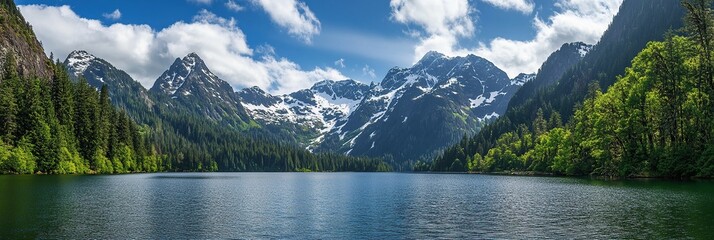 A panoramic view of the mountain range with snow-capped peaks