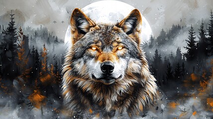 Wall Mural - Fierce wolf drawing howling at the moon with fur meticulously shaded eyes glowing and a forest backdrop