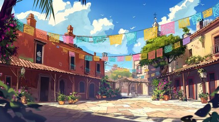 beautiful anime background of a sunny day in a fetival alley