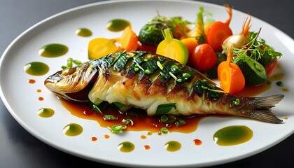 Wall Mural - Exquisite culinary presentation of pan-seared fish accompanied by roasted vegetables and a refined sauce