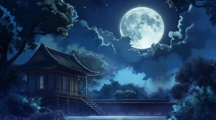 nice anime background of asian landscape at night with big moon