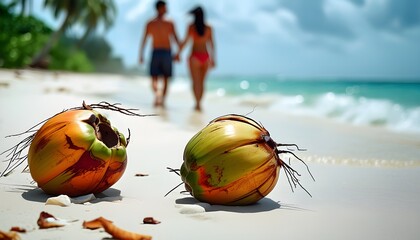 Tropical beach scene featuring coconuts and a couple strolling along the shore.