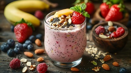 Fresh fruit smoothie with nuts and seeds on a wooden table