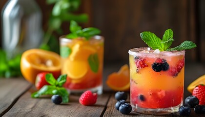 Wall Mural - Refreshing summer fruit drinks adorned with fresh fruit and mint garnishes