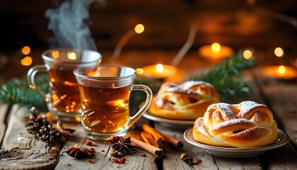 Wall Mural - Cozy winter evening with steaming tea, pastries, and spices on a rustic wooden table