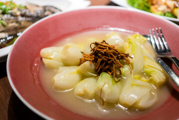 Canvas Print - Boiled vegetable with soup in restaurant